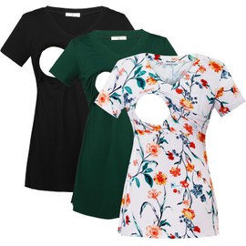 Bearsland Womens 3 Packs V Neck Nursing Tops Maternity Breastfeeding Tee Shirts,Black+deep Green+Fresh Floral,S
