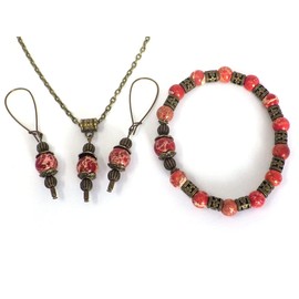 Vintage style women's bracelet, earrings and necklace jewelry set in red imperial jasper