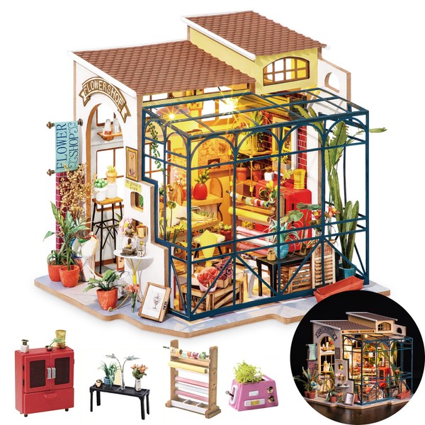 Rolife DIY Miniature House Kit Flower Shop, Tiny House Kit for Adults to Build, Mini House Making Kit with Furniture, Halloween/Christmas Decorations/Gifts for Family and Friends(Emily's Flower Shop)
