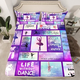 Gymnastic Dance Lovers Fitted Sheet Full Size,Ballet Spin Feminine Bedding Set for Kids Girls Women Home Room Decor,Check Splicing Fashion Bed Cover,Purple Dreamy Bed Sheet,2 Pillowcases