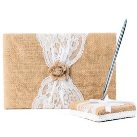 BETTERLINE Rustic Wedding Guest Book Made of Burlap and Lace - Includes Matching Pen Holder and Silver Pen - 120 Lined Pages for Guest Thoughts - Comes in Gift Box (Burlap Flower)