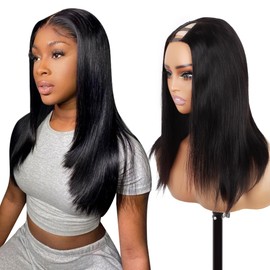 Orientfashion U Part Straight Wig 14-28inch 150% Density Full Head U Shape Clip in Wigs Deep Curly Half Wig Human Hair Wigs For Black Women (Staight 1B, 18inch)