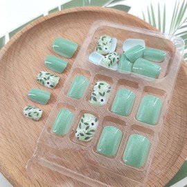 Spring Press on Nails Short Square Fake Nails with White Flowers Green Leaf Designs Glue on Nails Green Full Cover False Nails Glossy Artificial Stick on Nails for Women 24 Pcs