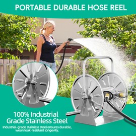 SPECILITE Stainless Steel Garden Hose Reel, Portable Outdoor Metal Wall Mount/Floor Spool, Holds 5/8 Inch 75ft Capacity, with 6ft Leader Water Pipe, UV Resistant Yard, Patio