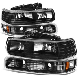 Auto Dynasty Headlights Assembly Compatible with 1999-2006 Chevy Silverado Suburban Tahoe, 4Pcs Driver and Passenger Side Halogen Headlamps Replacement w/Bumper Lamps, Black Housing Amber Corner