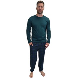 KRUXADER Mens Pyjamas Set|100% Cotton PJ Set|Elasticated Pants With Drawstring & Long Sleeve Top(Pendragon Forest Green, XL)
