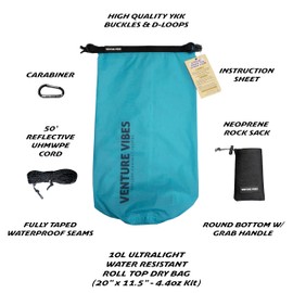 Venture Vibes | Premium Ultralight Bear Bag Kit for Backpacking | 10L Dry Bag - Neoprene Rock Sack - Reflective Slick Rope - Hanging Food Storage for Camping, Hiking, Backpacking, Thru Hiking (Blue)