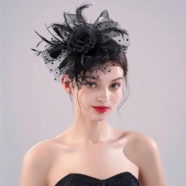 CCAIPU Fascinators Hat for Women, Flower Feathers Mesh Hats Tea Party Hat Derby Hat Hair Accessories Wedding Hats (UK, Alpha, One Size, Black-B)