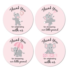 40 Thank You for Showering Our Little Peanut Stickers, 2 Inch Big Round Glossy Labels, Pink Elephant Theme for Girl Baby Shower, Great for Party Favors, Tags, Games and Supplies. Made in USA