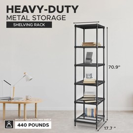 Design Ideas MeshWorks 6 Tier Narrow Metal Storage Shelving Tower for Kitchen, Bathroom, or Garage Organization, 17.7” x 17.7” x 70.9”, Black