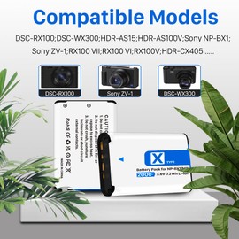(2 Pack) Rechargeable NP-BX1 Battery and USB Charger Set, 2000mAh High Durability Battery Suitable for Sony ZV-1, ZV-1 II, Cyber-Shot DSC-RX100 (II/III/IV/V/VA/VI/VII), FDR-X3000, AS300 and More