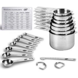 Kaluns Stainless Steel Measuring Cups, Measuring Spoons,16 Piece Measuring Cups and Spoons Set Includes Leveler and Measurements Card, Heavy-duty, Heat and Rust Resistant