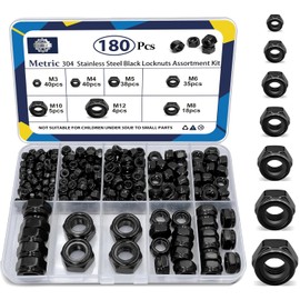 ZQZ 180 Pack Black Locknuts Assortment Kit, M3 M4 M5 M6 M8 M10 M12 Metric Black Nylon Insert Lock Nuts Set, 304 Stainless Steel Standard Threaded Nylock Nuts