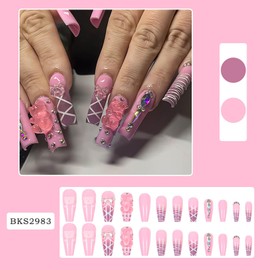 RTKHFZE Xl Press on Nails Long,Square Fake Nails,Pink Gradient Full Cover Acrylic False Nails,with 3D Bear and Rhinestones Designs Nails Press Ons Long Nails Tips,Glue on Nails for Women and Girls