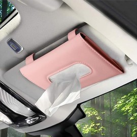 Car Tissue Holder,PU Leather Hanging Tissue Box for Car, Universal Sun Visor Napkin & Mask Holder, Compact Rectangular Design Fits Most Car Tissue Cartons (Pink)