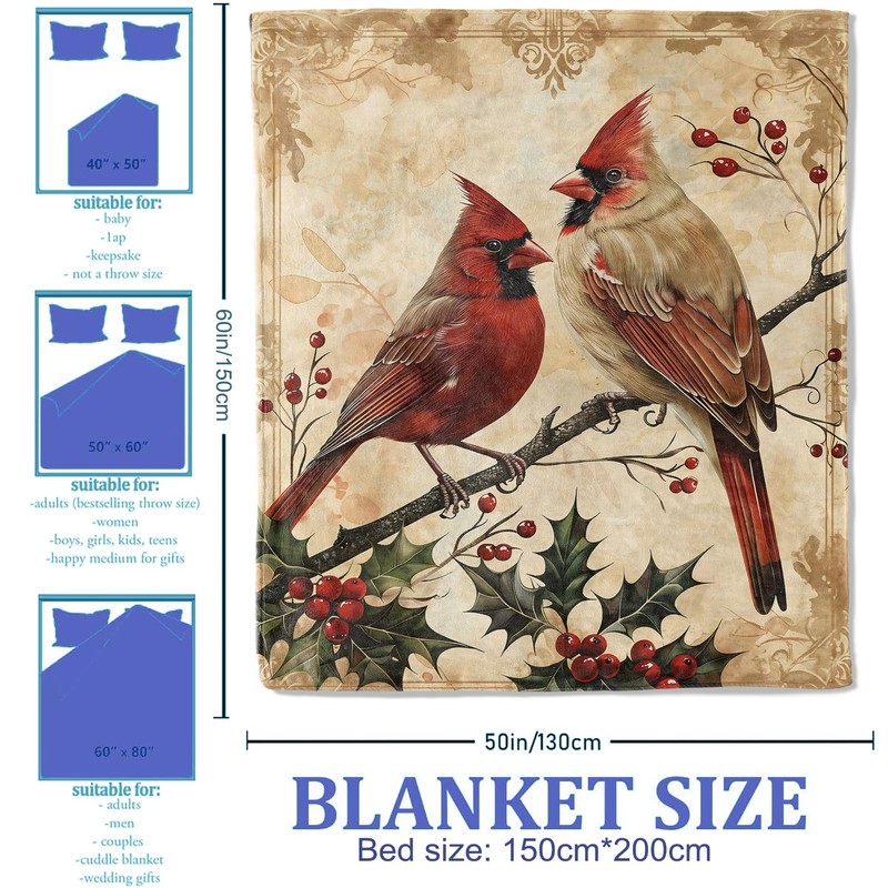 Plistiz Festive Cardinal Throw Blanket 50"x60", Bird Lover Blankets for