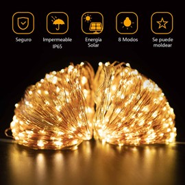 [Paquete de 2] 32M 300LED Serie de Luces LED Solares para Exterior - Cálido, Luz para Jardin Impermeable IP65, Alambre de cobre, 8 Modos Cadena de Luz Decorativas Exterior Para Jardin Arbol Navidad