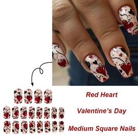 24Pcs Valentines Press on Nails Medium Square Fake Nails Red Black Heart Acrylic Nails Glossy Full Cover Valentine's Day False Nails Cute Artificial Stick on Nails Reusable Glue on Nails for Women