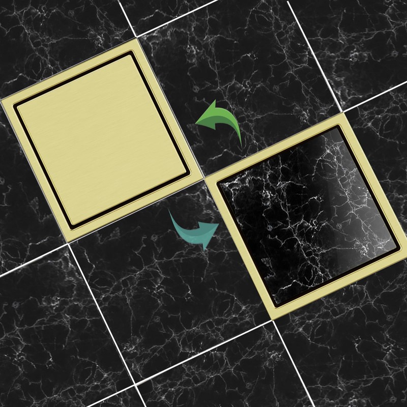 EXF Square Shower Drain 6 Inch Brushed Gold with Tile