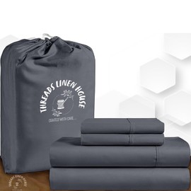 Thread Linen 100% Egyptian Cotton 1000 TC Sheet Set 4-Piece Luxury Bedding Soft Sateen 18" Deep Pocket Cooling Sheets for Home & Hotel - 1 Flat Sheet, 1 Fitted Sheet, & 2 Pillowcases Full (Dark Grey)