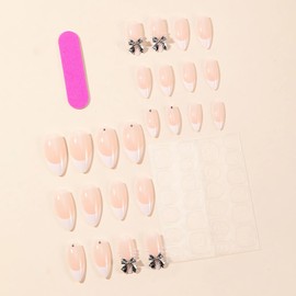 LPOODDNU White French Press on Nails Almond, Medium 3D Bow Fake Nails Almond Shape Acrylic False Nails Cute Artificial Nails Press ons Reusable Glue on Nails for Women and Girls 24Pcs