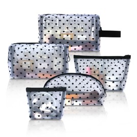TRAKWAN 5-Piece Heart Printed Mesh Makeup Bag Set, Portable Travel Mesh Cosmetic Bags Toiletry Bags Purse Bags Makeup Bags Mesh Zipper Storage Pouches for Home Offices Travel Accessories (White)