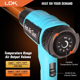 LDK Heat Gun for Crafting Shrink Tubing, 2000W Heavy Duty Hot Air Gun 1.5s Fast Heating, 140°F~1100°F Variable Temperature Control Heat Gun Kit with 2 Air Flow and 4 Nozzles for Vinyl Wrap