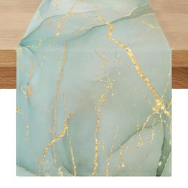 Table Runner Modern Grey Green Marble Golden Texture Abstract Art Colourful Runner Table Linen Washable Seasonal Kitchen Table Decoration for Dining Room Kitchen Table Bedroom 40 x 140 cm
