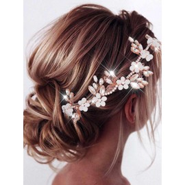 Catery Crystal Wedding Headband Flower Hair Vine Silver Bridal Headpieces Accessories for Brides and Women (Rose Gold, one size)