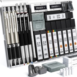 Four Candies Metal Drawing Mechanical Pencil Set 0.5, 0.7, 0.9 & 2.0mm with Lead (HB 2H 2B 4B Color) Art Sketch Design Mechanical Pencil Construction Carpenter Gift Present School Graduation