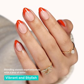 Short French Tip Press On Nails Almond | GJZEZ Soft Gel Orange French Tips on Natural Pink Base Stick On Fake Nails, Salon Level False Nail -16 Sizes - 32 Reusable Nail Kit with Glue, Tangerine