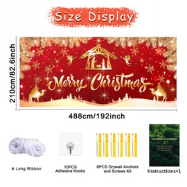 Trgowaul Christmas Garage Door Decorations, Large Red Gold Jesus Xmas Garage Door Cover Banner Backdrop, Jesus Nativity Merry Christmas Background Party Supply, Happy New Year Garage Door 7x16ft