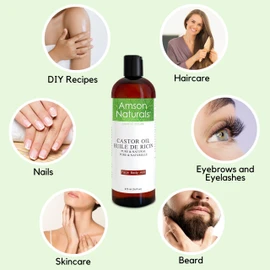 Castor Oil 16 oz /473ml (Large Bottle) by Amson Naturals -100% Pure & Natural Castor oil for Hair, Eyelashes, Eyebrow, Beard, Skin, Cold Pressed carrier oil for essential oils. huile de ricin pour cheveux.