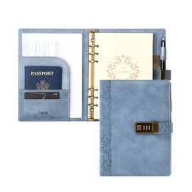 CAGIE Locking Journal for Adults Journal with Lock Large Binder Notebook 6 Rings Refillable,Combination Passwords,Classic Embossed Leather, Blue