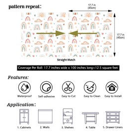 CHIHUT Boho Rainbow Wallpaper Watercolor Rainbow Peel and Stick Wallpaper Kids Cloud Heart Star Removable Wall Paper Self Adhesive Nursery Contact Paper for Girls Baby Bedroom Wall Decor 17.7”x100”