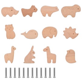 Funnytek Pack of 12 Animal Wooden Drawer Handles, Animal Shape Furniture Knobs, Children's Cupboard Knobs, Wood for Children's Room, Wooden Drawer Handle, Wooden Knobs, Cupboard Knobs with Screws