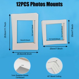 Pack of 12 White Photo Picture Mounts for Photo Frames Mount, 6Pcs Photo Mount with Aperture fit A4 Size, 6Pcs Cardboard Mount fit 8in Photo, Square Photo Mounts Aperture Frame for Prints Artworks