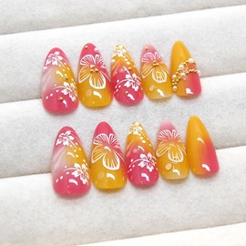MouyouGlow Press on Nails Short, Almond Pink Yellow Airbrush 3D Hibiscus Flowers Chrome Chains Fairy Beads Sweet Fake Nails with Nail Glue, Spring Autumn Artificial