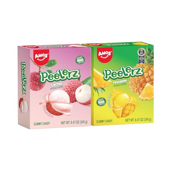 AMOS Peelerz Lychee & Pineapple Gummy Candy, Peelable Fruit-Shaped Candy,