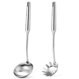 Stainless Steel Pasta Fork and Ladle Spoon Set - Large Soup Ladle, Noodle Spoon Server, Durable Kitchen Cooking Utensils for Serving Spaghetti, Soup, Sauce [Heat Resistance，Integral Forming]