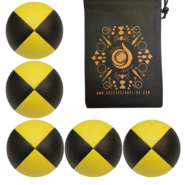 5 x Pro 115g Cascade Classic Black Theme Juggling Balls - Thud Juggling Balls & Bag - Set of 5 Juggling Balls (Yellow and Black)