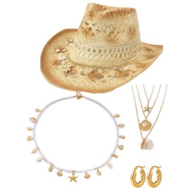 Geyoga 4 Pcs Jewelry Set Western Cowboy Hat Vintage Turquoise Belt Necklace Earrings for Women (Ocean,Beige)
