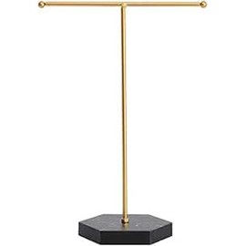 Jewelry Stand Display Necklace Holder T-Bar Plated Metal Tabletop Jewelry Organizer Tower for Show Jewelry Hanging Pendant Earring Bracelet Ring Accessorie with Black Marble Plywood Bases.