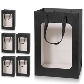 Yerpkefey - 6 bolsas de regalo de papel con ventana transparente Kraft bolsas de compras con asas de 9.8 x 7.1 x 5.1 pulgadas, bolsas de regalo de fiesta para regalo, boda, cumpleaños, fiestas (negro,