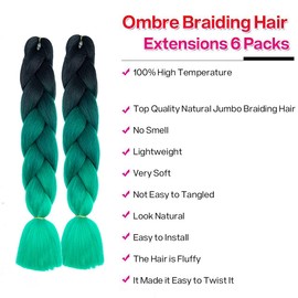 6pc/lot Ombre Braiding Hair green Jumbo Braids Hair Kanekalon Braiding Hair for box braid hair extensions (24inch, 3tones green)