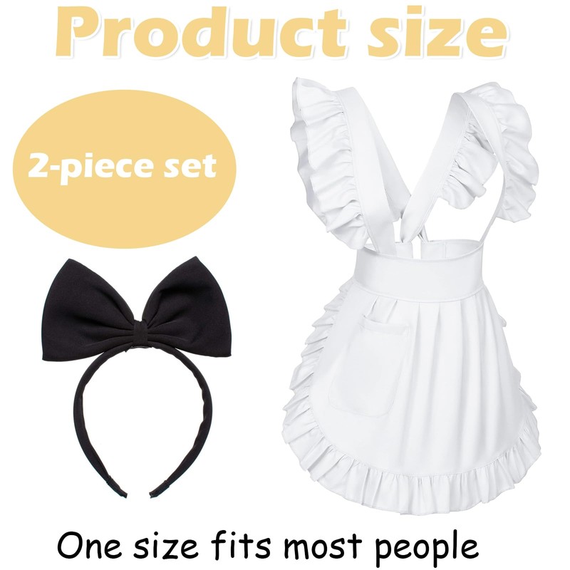 egniFurn Adjustable White Frilly Maid Costume Apron Set With Pocket,