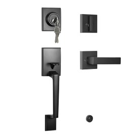TOGU HS14D-L01 Heavy Duty Single Cylinder HandleSet Front Door Lock with Lever Door Handle,Solid Entry Door Lockset Leverset for Home Exterior Doors, Easy Installation, Matte Black Finish