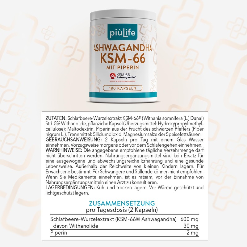 Ashwagandha KSM-66 600 mg PiùLife - Extract from Root 5%
