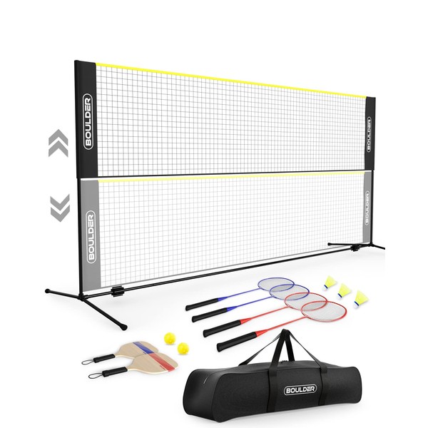 Boulder Sports All-in-One Pickleball & Badminton Set - Half-Court Portable Pickleball Net, Adjusts to Badminton Net (10ft Wide x 5ft max Height) - Game Set w/Pickleball Paddles and Badminton Rackets