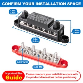 Spurtar 12V Bus Bar Power Distribution Block 4X 3/8'' M10 Terminal Studs 6X M4 Screws 250A Battery Distribution Block 12V/24V/48V for Car Truck RV Boat 6.5x1.34x1.89in - Not for Tight Spaces
